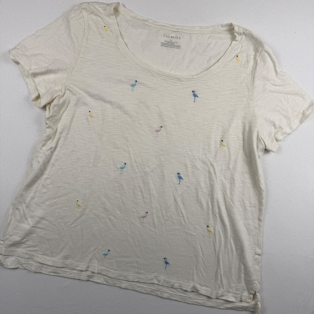 Talbots Womens XL Ivory Flamingo Embroidered Slub Knit Cotton Modal T-Shirt